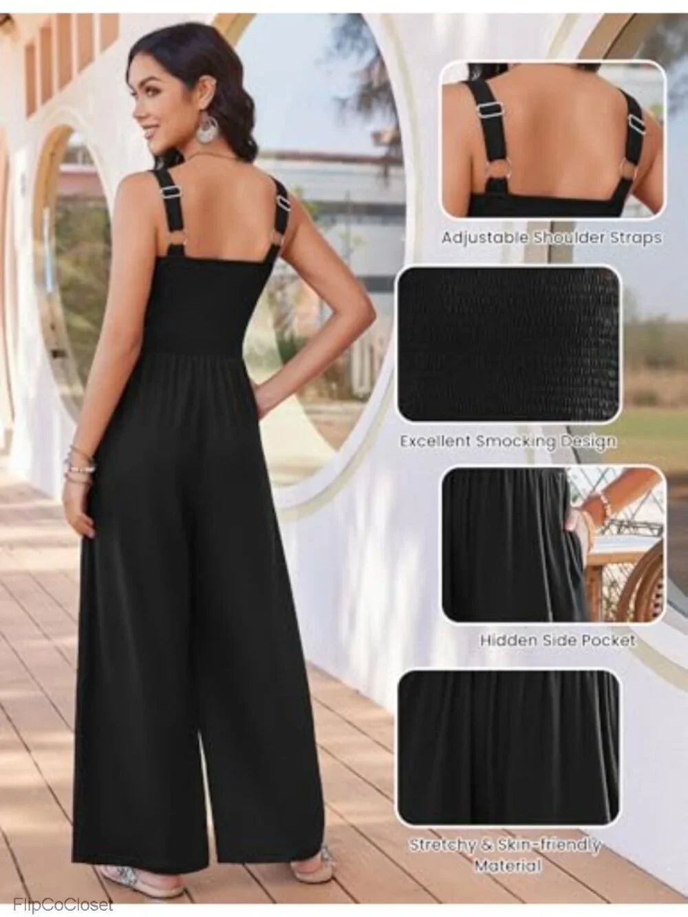 Sleeveless Boho Wide Leg Jumpsuit Smocked Romper with Pockets